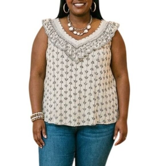 Faded Glory Tops - Faded Glory Size XL Sleeveless Ruffle V-Neck Top Black Floral Print Lace Detail